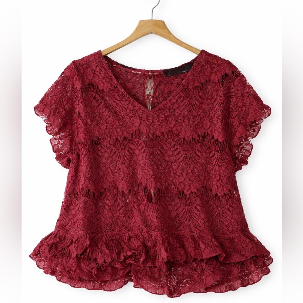 Lace V-Neck Ruffled Hem Blouse - Burgundy